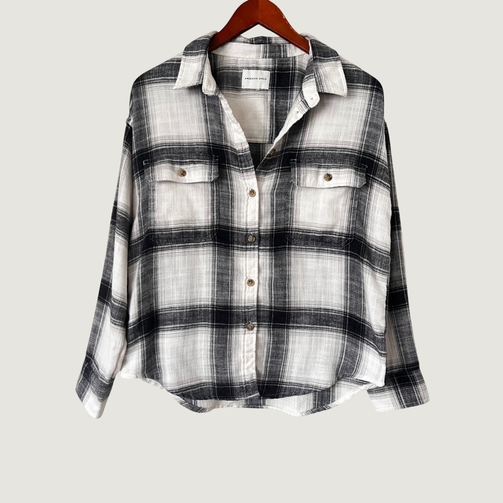 American Eagle Black White Plaid Flannel Shirt Oversized Preppy XS